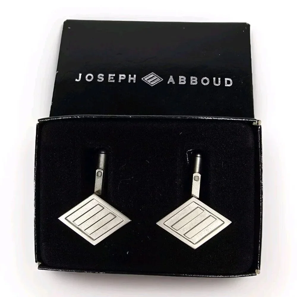 VTG JOSEPH ABBOUD Silver Tone Metal Men Cufflinks Logo Diamond Shape Hinged Back